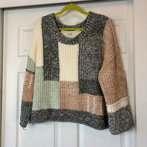 POL Patchwork Crew Neck Sweater - Gray, Cream, Tan, Green
